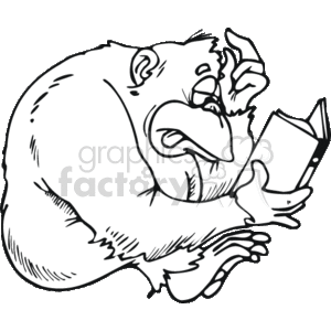 The clipart image shows a gorilla engaged in reading a book. The gorilla appears to be seated and is holding the book with its right hand while the left hand rests on its chin, in a pose that suggests concentration or deep thought. This depiction anthropomorphizes the gorilla, attributing human-like traits such as the interest in education, study, and the act of reading for knowledge or pleasure.