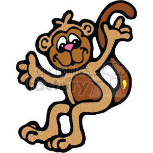 The clipart image shows a cartoon monkey with brown fur and a long tail. The monkey is standing upright and waving its hands in a friendly gesture, as if saying "hi" or "hello." The monkey has a comical expression on its face, with wide eyes and an open mouth, suggesting that it is trying to be funny or playful. Overall, the image depicts a friendly and amusing monkey.