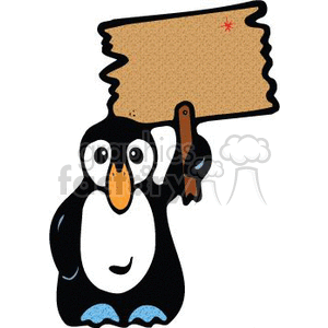  The clipart image shows a cartoon penguin holding a sign. The sign is blank with a space where text or a message can be added. The penguin is black and white with a cheerful expression, and it