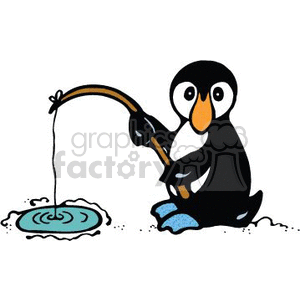 The clipart image depicts a cartoon penguin engaged in ice fishing. The penguin is sitting on a patch of ice with snow around it, holding a fishing rod with a line dropped into a hole in the ice, which is commonly done during the winter season as a fishing technique in cold regions. This image reflects themes associated with animals, penguins, ice, winter, and fishing activities.