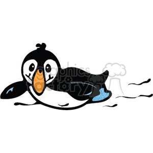 cartoon penguin sliding across the ice