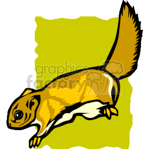 This is a clipart image of a squirrel. The squirrel is depicted in a stylized form with simple shapes and a limited color palette, which is characteristic of clipart. It has a large bushy tail, and its body position suggests movement, perhaps leaping or running. The background is a flat, yellow shape.