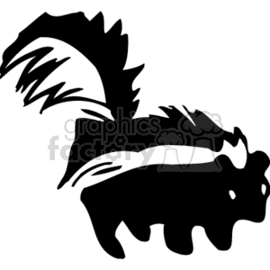 The image is a black and white clipart of a skunk. It depicts the silhouette of the skunk with its distinctive bushy tail and prominent white stripes which are characteristics of the animal.