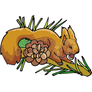 The clipart image displays a stylized illustration of an orange-brown squirrel happily climbing on a green branch with pine needles. It appears to be gripping a pine cone with its paws.