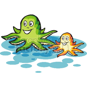 Clipart image of two smiling octopuses, one green and one orange, in a playful underwater scene with blue water splashes.