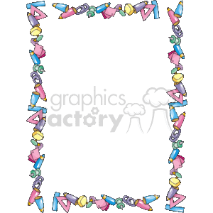   The clipart image features a decorative border made of colorful school supplies including pencils, crayons, scissors, and paper clips. This kind of playful border is often used for educational materials, classroom decorations, or children