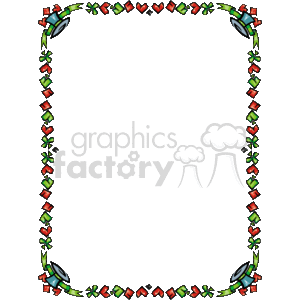 The image displays a decorative clipart border with a consistent repeating design. The design elements include leprechaun hats in green with a four-leaf clover accent and red hearts interspersed with the hats along the length of the border. The hats and hearts are connected by a thin line which creates a frame around an open, black central space where text or other images could potentially be added. The image's theme suggests an association with celebrations or decorations that could be related to Irish culture, such as St. Patrick's Day, given the leprechaun hats and clover, as well as a love-themed event based on the hearts.
