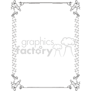 The clipart image shows a black-and-white decorative frame with a party or birthday theme. The borders of the frame feature graphics that resemble wrapped candies or sweets at each corner. Additionally, along the sides of the frame, there are vertical strings or rows of what appears to be beads or pearls, providing an elegant touch to the design. The center of the frame is empty, likely intended for text or additional graphics to be inserted for a party invitation, birthday card, or event announcement.