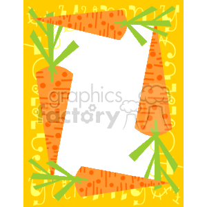 The image is a colorful clipart featuring a frame or border decorated with stylized illustrations of carrots. The carrots are bright orange with green tops and are arranged around the edges of a central black space, where text or other images could be added. The background of the image is yellow and has additional decorative elements that suggest a food or vegetable theme. The carrots have patterns on them that could represent textures or details often seen on real carrots such as lines and dots.