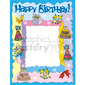Happy Birthday photo frame with cakes and party hats on it