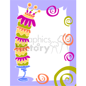 A colorful clipart image featuring a whimsical multi-layered cake topped with candles, placed on a cake stand against a purple background with swirly decorations.