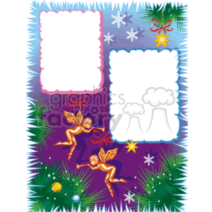 A decorative clipart image featuring two blank frames surrounded by festive elements including fairies, stars, snowflakes, and pine branches, perfect for holiday greetings or invitations.