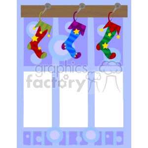   This is a festive Christmas-themed clipart image. It features a border or frame design that could be used to enclose text or other graphics. At the top of the border, there are three Christmas stockings hanging from a brown wooden mantle. Each stocking has a different color and pattern; they
