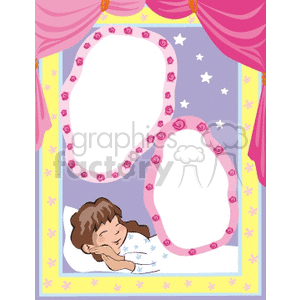 Clipart image featuring a dreamy scene with a girl sleeping, surrounded by pink curtains, stars, and two empty photo frames decorated with pink flowers.