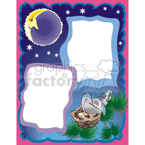 This whimsical clipart image features a nighttime scene with a crescent moon, stars, and a bird nest with a bird sitting on eggs. Two blank, irregularly shaped frames allow for text or images.