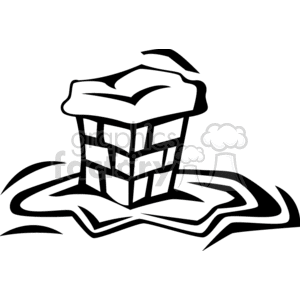 A black and white clipart image of a chimney with snow on top, situated on a snowy rooftop.