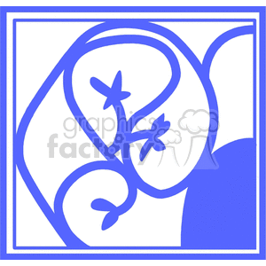 Abstract blue floral clipart image featuring a stylized plant with three leaves inside a rectangular border.