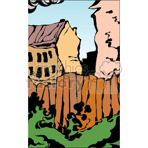 Cartoon illustration of an urban landscape featuring old buildings, a wooden fence, and greenery.