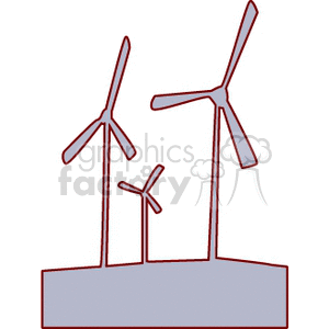This clipart image depicts three wind turbines on a stylized landscape, representing renewable energy and sustainability.