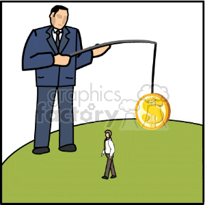 A large businessman is holding a fishing rod with a dollar sign as bait, trying to lure a smaller person walking on a green hill.