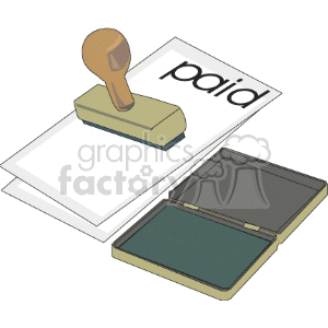 A clipart image of a rubber stamp with the word 'paid' on a piece of paper, next to an ink pad.