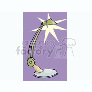 A clipart image of a modern desk lamp with a starburst effect in the background, featuring a metallic finish and adjustable arm on a purple backdrop.