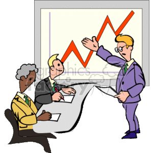 The clipart image depicts a business setting featuring three individuals. Two of them are seated at a table with documents in front of them, while the third is standing and presenting. There is a large screen or presentation board behind them showing a chart with an upward-trending line graph, indicating positive growth or profit. The image symbolizes a corporate or financial meeting focused on discussing business charts and performance metrics.