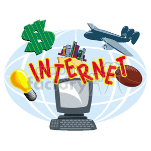 A clipart image depicting the concept of the internet with symbols like a dollar sign, airplane, books, light bulb, and computer against a globe backdrop.