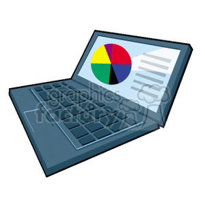 Clipart illustration of an open laptop displaying a colorful pie chart on the screen.