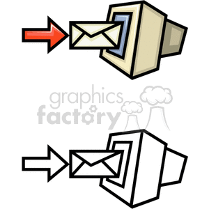 Clipart image of two envelopes being inserted into computer monitors, one colored and one outlined.