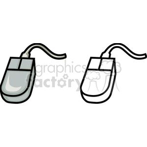 A clipart image of two computer mice, one colored gray and the other in black and white, both with cords.