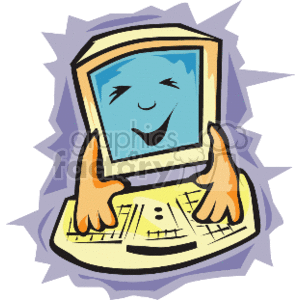 The clipart image features an anthropomorphic desktop computer with a smiling face on the screen, symbolizing a happy, user-friendly digital device. The computer appears to be made up of a monitor and a keyboard, with hands placed on the bottom corners of the monitor. It is stylized with a playful and cartoonish look, often used to represent computers in a lighthearted or approachable manner in various business or educational materials. The background depicts a jagged, starburst-like pattern which could be suggesting dynamism or excitement.