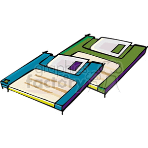 Illustration of two colorful floppy disks, one blue and one green, representing retro data storage.