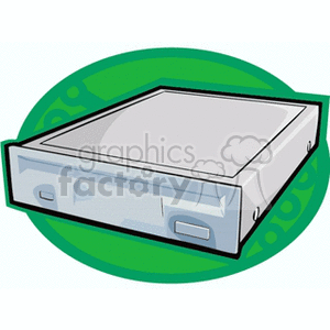 Clipart image of a computer floppy disk drive with a green circular background.