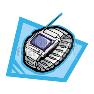 A stylized clipart image of a digital watch with a blue background.