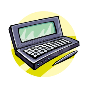 A digital clipart image of a stylized laptop and pen on a yellow background.