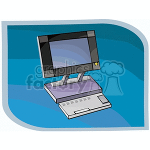 A digital illustration of a computer setup with a monitor and a keyboard on a blue background.