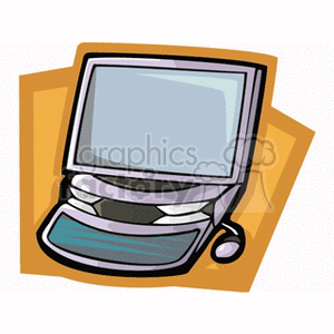 A clipart image of a retro-style computer with a monitor, keyboard, and mouse against an orange background.