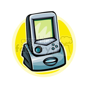 Clipart image of a handheld electronic device with a green screen and buttons, placed on a docking station.