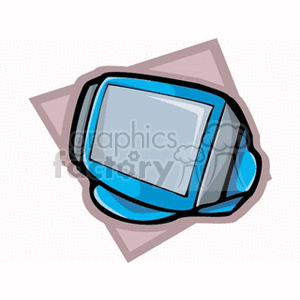 A cartoon-style clipart image of a blue computer monitor with a geometric background.