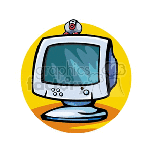 A cartoon-style clipart image of an old-fashioned computer monitor with a webcam on top, set against a yellow circle background.