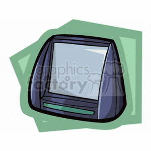 Clipart of a retro computer monitor in a cartoon style with a green background.