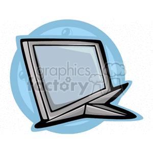 Clipart image of a computer monitor with a stylized, cartoonish design in front of a blue circle background.