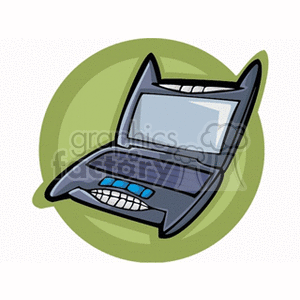 Cartoon illustration of a futuristic laptop with pointed corners and blue accents.