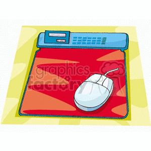 Clipart of a computer mouse on a red mouse pad with a digital interface in a cartoon style.