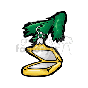 Clipart image of a golden computer scanner as an ornament hanging from a pine branch.