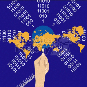 Clipart image of a hand holding a globe with world maps and binary code streams on a blue background.