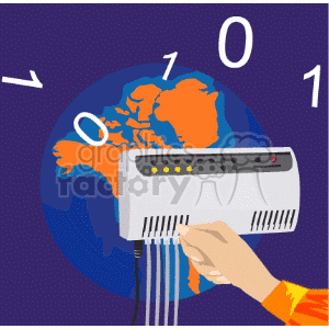 A conceptual clipart image depicting a hand holding a network router in front of a globe, with binary numbers 1 and 0 surrounding the scene, symbolizing global connectivity and digital communication.