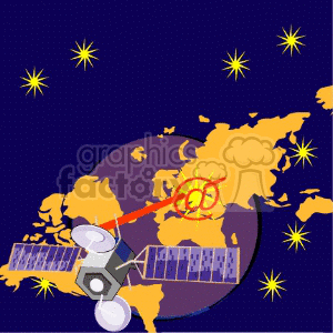 A clipart image of a satellite in space orbiting above a map of Asia, surrounded by stars.