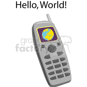 Clipart image of an old mobile phone with a screen displaying a globe and the text 'Hello, World!'